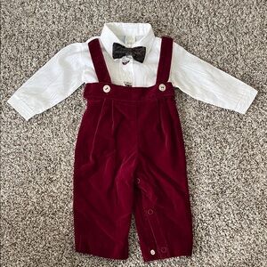 Vintage Velour Burgundy Suspender Outfit with White Shirt and Bow Tie